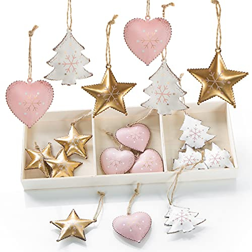 Weihnachtsanhänger Set Rosa Weiß Gold – 18 Metallanhänger zum Aufhängen – Herzen, Sterne & Tannenbäume 4,5–5 cm – Geschenkdeko & Christbaumschmuck – Logbuch-Verlag