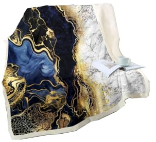 Erosebridal Marble Plush Twin 60x80, Gold Sherpa & Navy Blue White Marble Throw Blanket for Kids, Boys, Adults, Men - Tie Dye Bronzing Sequins Fleece Blanket for Bed, Sofa, Couch