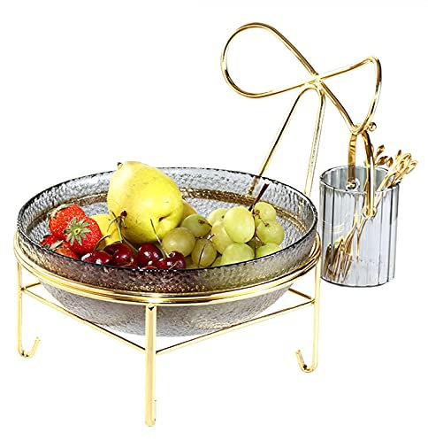 GOODSH Large Glass Salad Bowl With Metal Stand Fruit Dessert Bowl Kitchen Party Serving Bowl Comes With 4 Fruit Forks Storage Tub,Grey