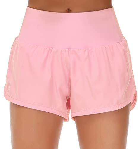 Origiwish Women's High Waisted Running Shorts with Liner Quick Dry Athletic Workout Shorts Zipper Pockets, Pink, M
