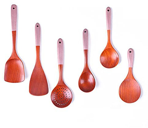 Ausemo Elegante Juego de Utensilios de Cocina de Madera 6 Piezas Manija Rosa Cucharas y Espátula Set para Cocinar Utensilios de Cocina Antiadherentes Resistentes al Calor