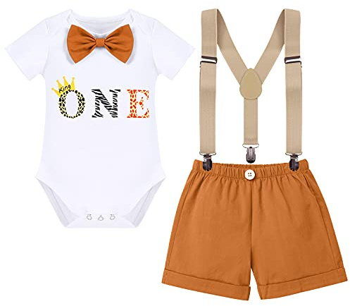 IBTOM CASTLE Newborn Boy First/Second Birthday Outfit Jungle Theme Wild One Romper + Diaper Cover Shorts Bloomer + Y-Back Suspenders + Headband Cake Brown - ONE (3PCS) 12 Months