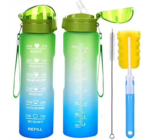 XACIOA Borraccia 1 litro con cannuccia, Bottiglia sportiva con indicatore motivazionale del tempo, a prova di perdite, BPA-free, Casa e Esterno per Bambini e Adulti