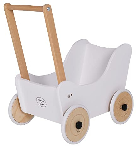 Bandits & Angels Puppenwagen Little Angel Classic White ab 1 Jahr für Mädchen – Puppenwagen aus Holz – Für Puppen bis 42 cm – Gummiräder
