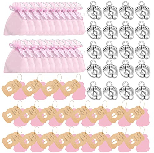 Zngou 20Sets Baby Shower Gifts for Guests Thank You Coming 20 Organza Bags Tags Favours Return Girls Boys Christening Souvenir (Pink with Feet) (4887T)