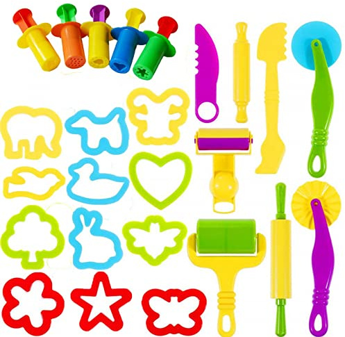 Pomurom 25 Dough Clay Modelling and Extrusion Tools Kit, Creative Dough Clay Rollers Extruders Shape Cutter Animals Molds Pla-stic Playset Dough Clay Accessories Kids Children