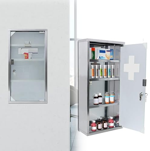 YUENFONG 4 Fächer Medizinschrank aus Edelstahl, Arzneischrank Abschließbar Apothekerschrank mit Glas Tür - Einlegeboden, Medikamentenschrank mit 2 Schlüsseln, 30 x 12 x 57.5 cm
