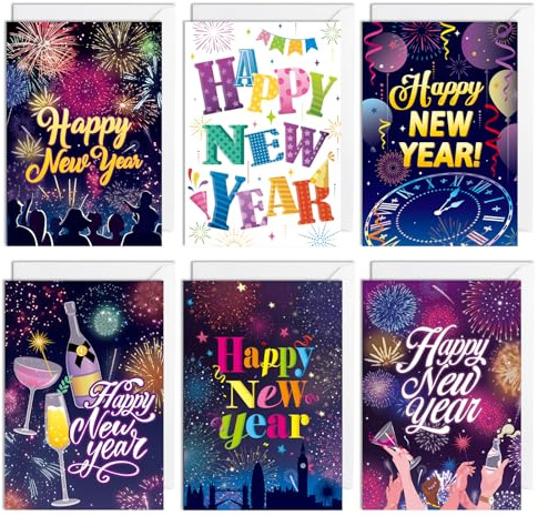 HOWAF 6pz Biglietto Auguri Capodanno 2026 con Busta, Biglietto Happy New Year Biglietti Auguri Buon Anno Nuovo Regalo per Gadget Capodanno 2026, Multicolore