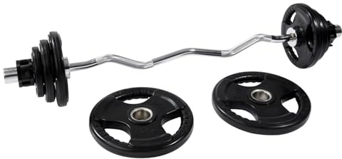 Equipped Gym | Olympic EZ Curl Bar Set | with 37.5kg Tri-Grip Plates | Full bundle including four sets of different weight tri-grip plates and quick-release collars for a ready-to-go set up