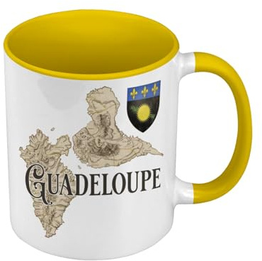 Fabulous Mug de Couleur Qualité Premium Jaune - Guadeloupe 971 Département Ile Carte Ancienne Rare - Tasse avec anse et intérieur de couleur