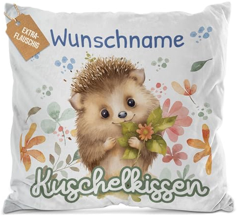 Print Royal PR Flauschiges Kuschel-Kissen für Kinder mit Füllung mit Name selbst gestalten - Igel Kissen für Mädchen und Jungs, Kinderkissen mit Name | 40 x 40 cm, Weiß Flauschig