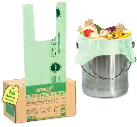 ANECO 100% Compostable Food Waste Bags 1.6 Gallon With Handles (30 Count)