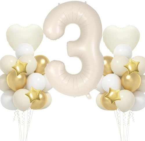 VUCDXOP Ballon Anniversaire 3 Ans Couleur crème, 17pcs Ensemble Ballon d'anniversaire avec Grand Foil Ballon numéro 3, 101cm Ballons de Baudruche, Ballon 3 an Deco Birthday Vole Grâce à l'Hèlium