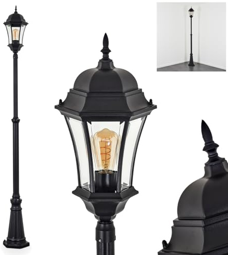 HOFSTEIN Außenstehleuchte Etoo, Außenwegeleuchte aus Metall/Glas in Schwarz/Klar, Wegeleuchte im Landhaus/Antik/Retro/Vintage-Design, Garten, Außenbereich, Terrasse, Höhe max. 230 cm, E27, IP44