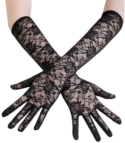 JRYXDS Damen Handschuhe, Lange Spitzen Handschuhe Damen Handschuhe Lange Netz Handschuhe 1920er Jahre Vintage Tee Party Handschuhe Damen Mädchen Braut Hochzeit Abend Party Kostüm Zubehör Schwarz