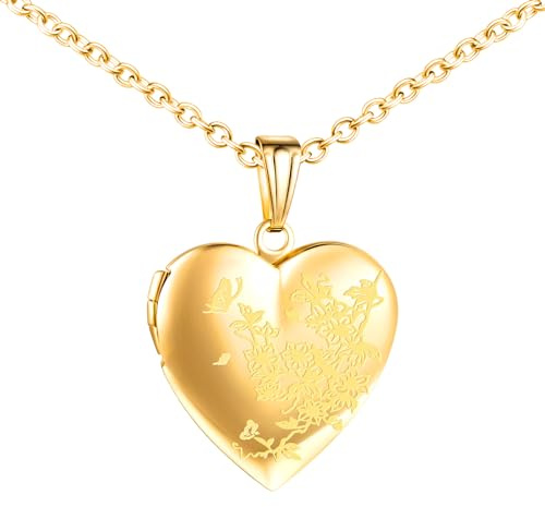 MICMIF Collana Donna Foto Personalizzata Medaglione con Fiori e Farfalle, Acciaio Inossidabile Ciondolo Cuore Medaglione per Foto Portafoto con Catena 50cm Gioielli per Mamma Moglie Fidanzata