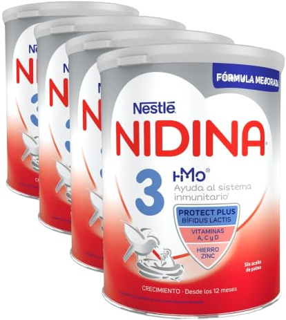 Nestlé NIDINA Leche De Crecimiento 3 para bebés a partir de 1 año Partir De Los 12 Meses. Bote de 800g (Paquete de 4)