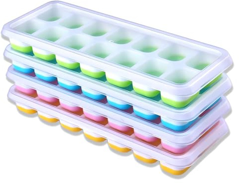 Ice Cube Trays, 4 PCS Ice Cube Moulds, Flexible Silicone Ice Cube Moulds, for Freezer, Whiskey, Cocktail and Drink, Easy to Remove Ice Cube Tray, with No-Spill Removable Lid