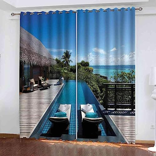 3D Vorhang Blickdicht Insel Holzhaus Strandkorb 100% Polyesterfaser Wohnkultur Druck Kinder Vorhang Schlafzimmer Wohnzimmer/Uv-Schutz/Schalldämmung/Sichtschutz -8J6A7U4S4R3