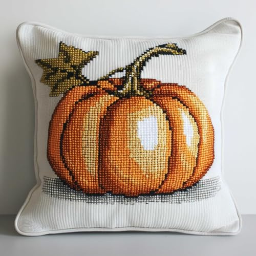 Latch Hook Kits For Adults Cartoon Pumpkin Latch Hook Kit Cushion Halloween Pumpkin Latch Hook Cushion Kit，Diy Pillow Cover Making Craft Printed Canvas For Beginners Embroidery Crafting P 43x43cm