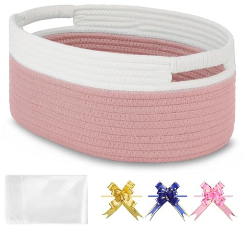 BOSROTY Small Woven Basket with Gift Bags and Ribbons, Empty Baby Gift Baskets for Kids Women Men, Nursery Storage, Small Cat Dog Pet Toy Boxes, 33 x 23 x 14 CM, Dusty Pink