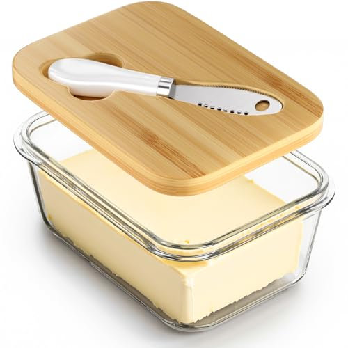 Mantequera de vidrio con tapa de bambú y cuchillo, sello hermético para mayor frescura, mantequillera grande para mantequilla de la costa este y oeste, ideal para almacenamiento de encimera y