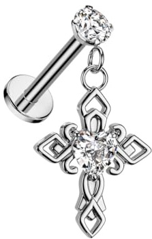 beyoutifulthings Lippen-Piercing Keltisches Kreuz Zirkonia-Herz Gold Silber Piercing-s Lippe Stecker Chirurgenstahl Schraub-Verschluss Stab 8-mm lang
