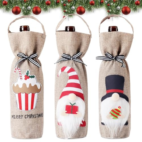 Weintasche, 3 Stück Weinflaschen Verpackung, Flaschentüten, Flaschenhülle, Wein Geschenktüten Flaschen, 3 Stile Flaschentüten, Jute Weintüten, Flaschentüten Weihnachten für Wein Whisky Champagner