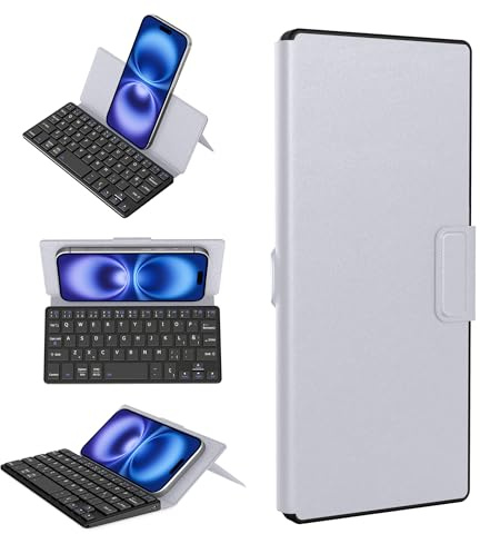 CACOE Teclado Bluetooth Plegable con Soporte Mini, Ultraplano de Doble Canal para Teléfono Móvil, Smartphone y más iOS Android Windows, Gris Claro