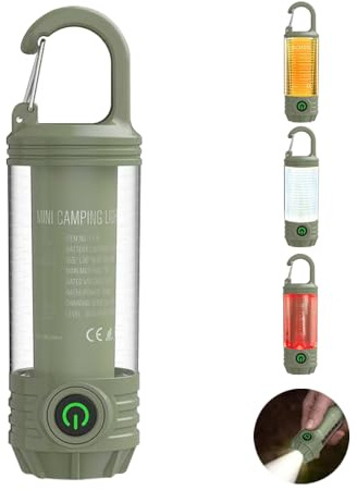 Ricaricabile LED Mini torcia da campeggio, Luce esterna portatile con gancio, luce calda bianca e luci rossa, 6 modalità, con segnale flash.