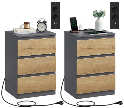 VASAGLE Nachttisch mit Steckdosenleiste, 3 Schubladen, 2 AC-Steckdosen | Beistelltisch, 2 USB-A-Anschlüsse, modern, Schiefergrau und Natürliches Braun, KAILYN Kollektion LET831G01