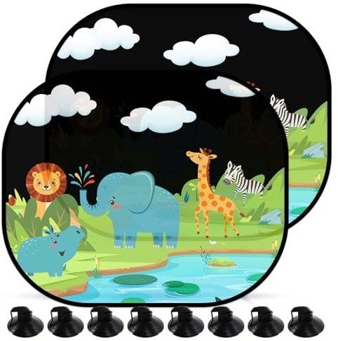 2 Piezas Parasol Coche Bebe Lateral,Parasol Coche Infantil,44x35cm Parasol de Coche con Protección UV,Patrones de Animal Salvaje,Autoadhesivo,con 8 Ventosas,para Proteger del Sol a bebés y Mascotas