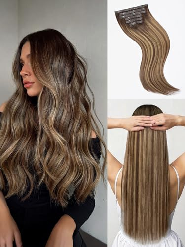 LUVME Straight Seamless 110g 7Pcs Clip in Hair Extensions Full Max with 18 inch Remy Human Hair Extensions, Highlight Color 100% Real Soft Human Hair