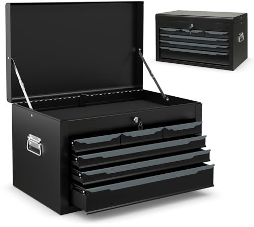 COSTWAY 6 Drawer Tool Box, Lockable Metal Tool Chest with Top Storage Tray, Automatic Lock, 2 Keys, Ball Bearing Runners, EVA Liners & Carry Handle, Portable Toolbox Storage Cabinet (Black)