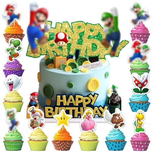 25 Pieces Cake Cake Decoration Children's Birthday - Cake Decoration Set with Cake Topper and Cupcake Decoration for Theme Parties (Children's Motifs, Colourful, Reusable)