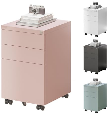 FLEXISPOT Rollcontainer mit 3 Schubladen, mobiler Aktenschrank mit Rollen, Schubladenschrank Büroschrank Schreibtisch Unterschrank mit Schlüsselschloss und Anti Kipp für Büro Zuhause,Rosa