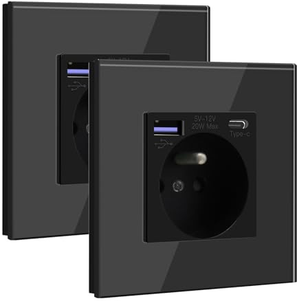 BSEED Prise Murale avec USB C PD20W Noir,Prise à Encastrer,16A Prise de Courant Alternatif avec Panneau en Verre,Chargeur Rapide Multiprises avec 1 USB-C 20W, Idéal pour Maison et Bureau, 2 Pack