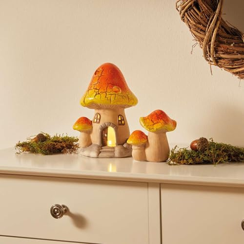 FRANK FLECHTWAREN LED-Pilz Haus, 2er Set, Terracotta, warmweiße LED, batteriebetrieben, An-/Aus-Schalter Maße: Höhe 8 cm, 15 cm, ohne Batterien, nur für den Innenbereich geeignet