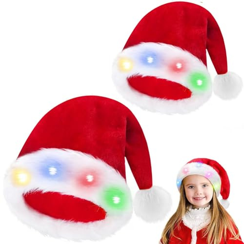 2 PCS LED Leuchtende Weihnachtsmütze,Nikolausmütze mit Leuchtendem,LED Weihnachtsmütze Erwachsene Kinder,Leuchtende Weihnachtsmann Mütze,Lichter Nikolausmütze Rot,für Weihnachten Neujahr(1big,1small)