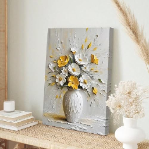 XBTYKPB Elegante tela artistica floreale bianca e gialla - dipinto a olio con fiori in rilievo 3D, decorazione da parete per soggiorno, camera da letto, quadri 40x60 cm con cornice