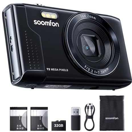SOOMFON Camara de Fotos con MAX 72MP Video 1080P, Digital Camara Zoom 16X 19 Filtros, Cámara Digital Compacta con 2 Baterías Tarjetas de 32GB, Cámera Fotografia para Adultos/Niños/Adolescentes -Negro