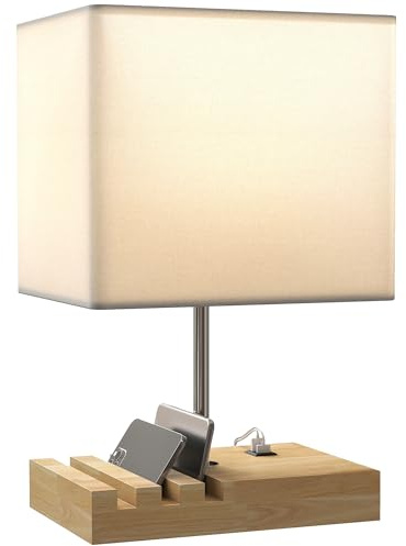 HOMCOM Lámpara de Mesa con Puertos USB-A/C, Tres Ranuras para Teléfonos, Lámpara de Mesita de Noche Moderno con Base de Madera y Pantalla de Tela, para Dormitorio, Salón, E27, 40W, Blanco