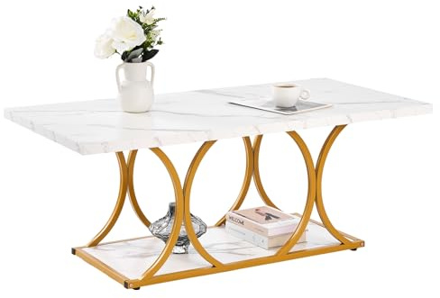 VEVOR Mesa Auxiliar con Aspecto de Mármol, Mesa Rectangular de 2 Niveles con Estructura Metálica, Patas Geométricas y Capacidad de Carga de 95 kg, Blanca, para Sofá u Oficina, 120 x 59,5 x 48 cm