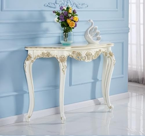 Lyxig Ornate Smal Konsolbord med Handskurna Detaljer, Tunn Ingångssoffbord för vardagsrum, hall, ingång, foyer(White+Gold,70.9/180cm)