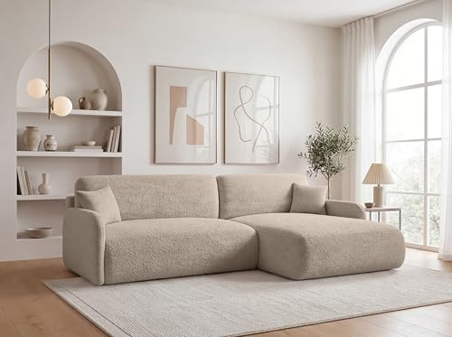 KP-Meble Ecksofa mit Schlaffunktion - 256x175 cm Bouclé Beige – Modernes L-Sofa, Schlafsofa mit Bettkasten, Große Couch mit Stauraum Pierr (Anthology 2, Rechts)