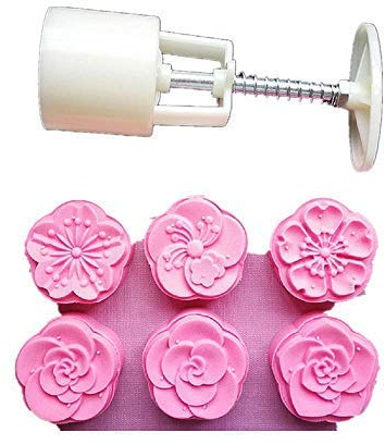 Moon Cake Mold with 6 Stamps - Mid Autumn Festival DIY Decoration Press 50g White (Plum Blossom)