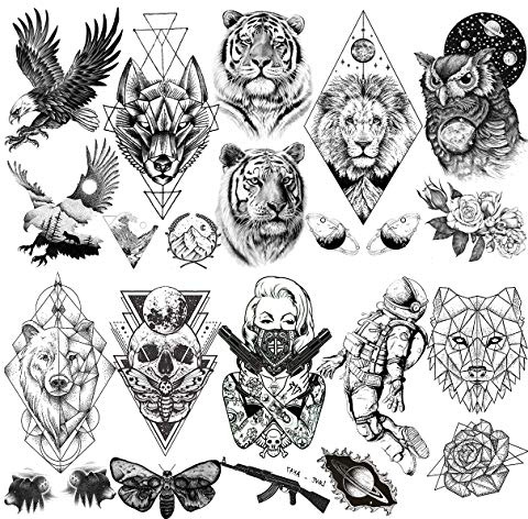 LAROI 10 Blätter Groß Löwe Tiger Tiere Temporäre Tattoos Männer Bär Eule Motte Frauen Arm Tod Schädel Wasserdicht Gefälschte Schwarz Tattooaufkleber Adler AK-Gewehr Totem Realistisch Maenner