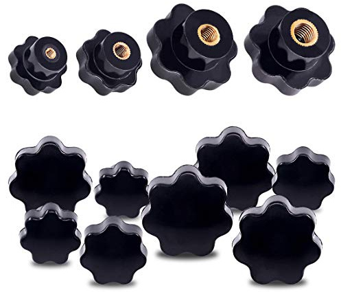 Swpeet - Juego de 32 pomos de sujeción para tuercas de rosca hembra M4 M6 M8 M10 de 7 estrellas, con forma de estrella, mango de plástico negro, para equipos mecánicos