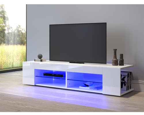 SONNI TV Schrank, Fernsehtisch, TV Lowboard Hochglanz, TV-Regal, 12-LED-Farben, Glasböden, Fehrnser Tisch 135 cm breit, 135x39x30cm, Weiß, GTV003W-WHITE-3.