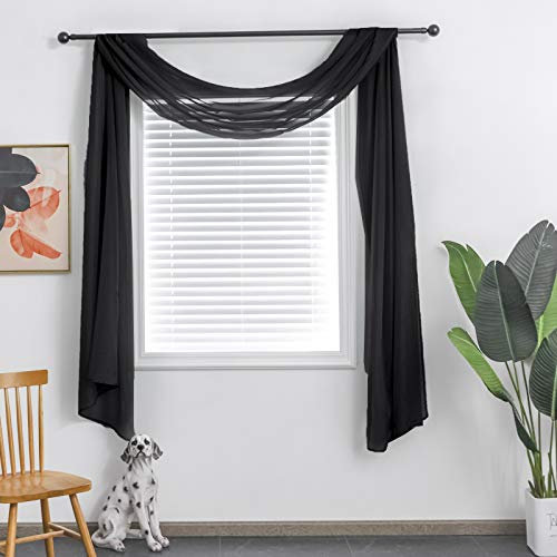 TOAVA DECO Schwarzer durchscheinender Fensterschal Volant für Fenster, schwarz, durchsichtig, Schal, Vorhänge, 36.6 cm lang, für Wohnzimmer, Schlafzimmer, Hochzeit, Party, Betthimmel, 52 × 144 cm